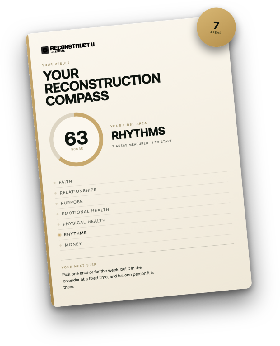 The printable Reconstruction Compass: a score, the first area to rebuild, and the next step