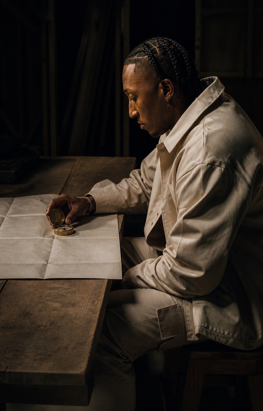 Lecrae studying a compass and a blank map at a worktable