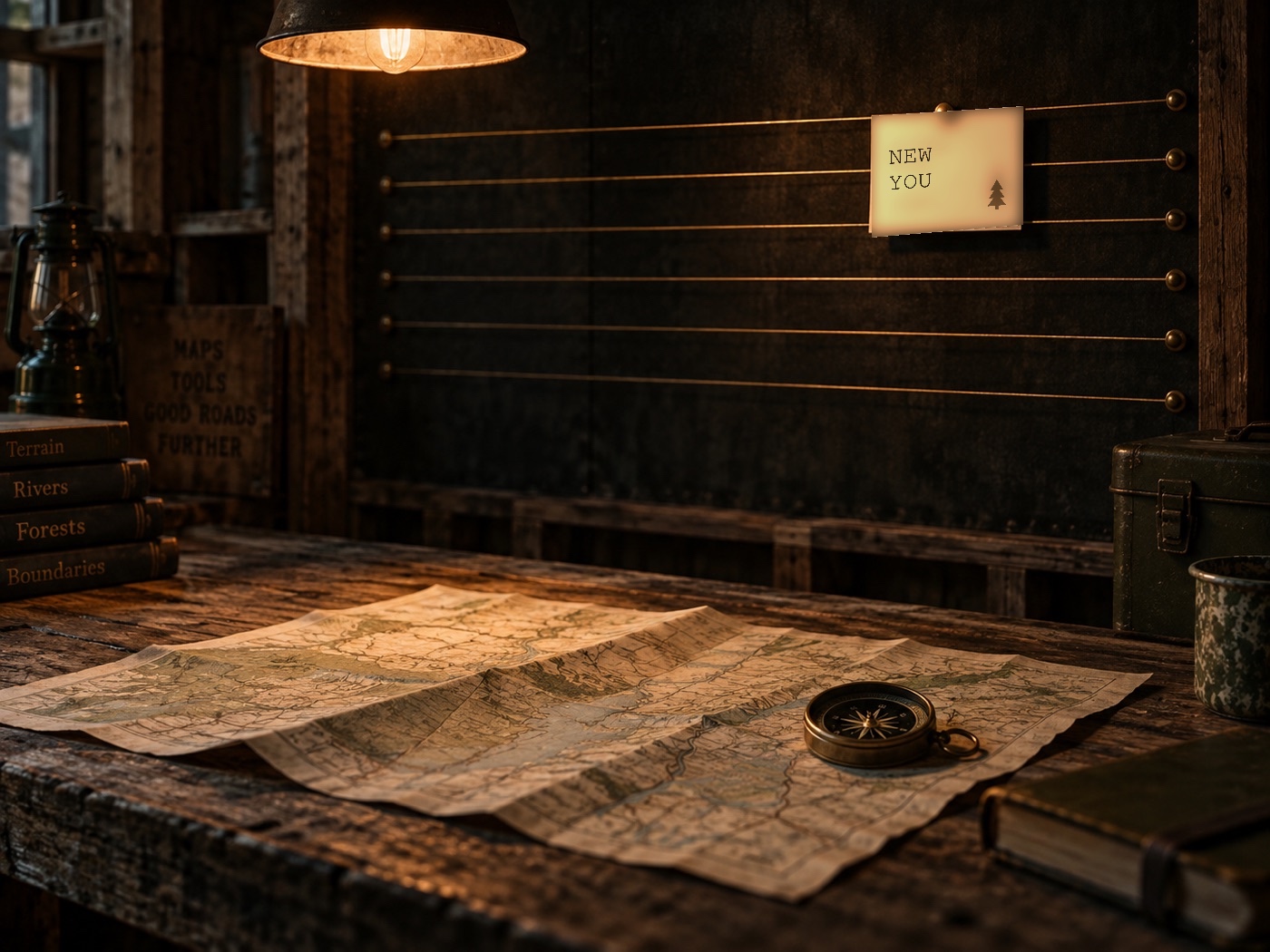 A brass compass on a folded map, one card pinned to the wall